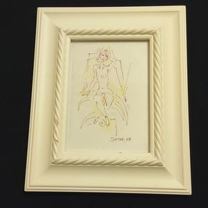 Signed Miriam Slater, ink w/ yellow and blue accents, framed,  unusual, artistic